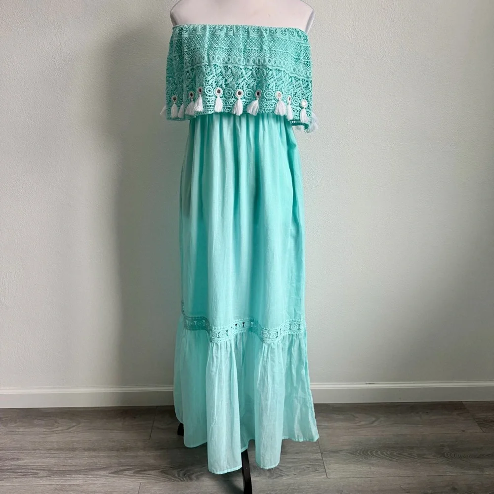 Debbie Katz Off the Shoulder Beach Boho Feminine Beach Resort Teal Maxi‎ Dress S